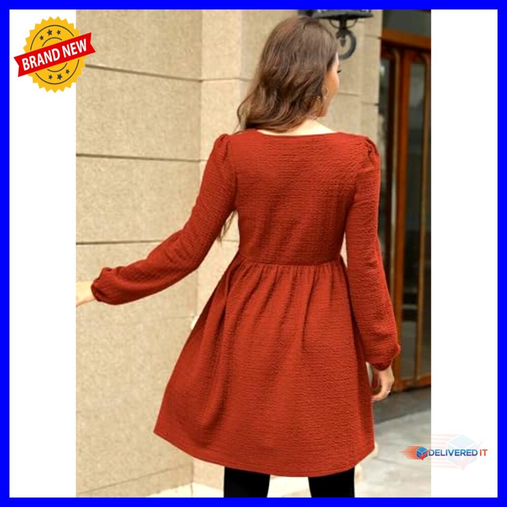 Long Sleeve Babydoll Dress Square Neck Knee Length Flowy Swing Maternity - Picture 3 of 7